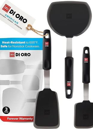 DI ORO Spatulas for Kitchen Use - Forever Warranty - 600°F Heat-Resistant Silicone - Turner Spatula Set for Cooking - BPA Free Wide Pancake Spatulas - Egg Flippers for Nonstick Cookware Safe (3pc)