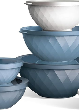 COOK WITH COLOR Mixing Bowls with Lids - 12 Piece Plastic Nesting Bowls Set includes 6 Prep Bowls and 6 Lids, Diamond Design - Microwave Safe, Denim