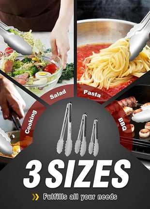 Food Grade Stainless Steel Kitchen Tongs for Cooking,BBQ - 7 ，9 and 12 Inch,Set of 3 Heavy Duty Locking Metal Food Tongs Non-Slip Grip