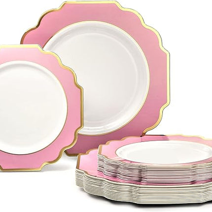 " OCCASIONS " 50 Plates Pack (25 Guests)-Heavyweight Wedding Party Disposable Plastic Plate Set -(25x10.5'' Dinner + 25x8'' Salad/Dessert) (Imperial in Rose Pink & Gold)