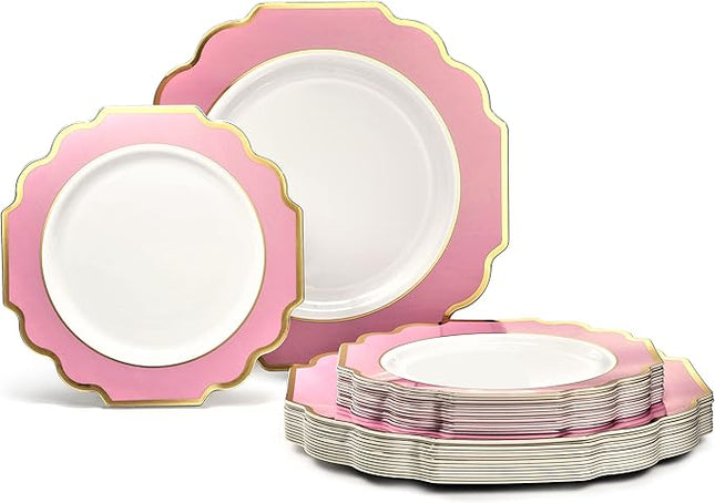 " OCCASIONS " 50 Plates Pack (25 Guests)-Heavyweight Wedding Party Disposable Plastic Plate Set -(25x10.5'' Dinner + 25x8'' Salad/Dessert) (Imperial in Rose Pink & Gold)