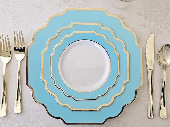 " OCCASIONS " 50 Plates Pack (25 Guests)-Heavyweight Wedding Party Disposable Plastic Plate Set -(25x10.5'' Dinner + 25x8'' Salad/dessert (Imperial Aqua/Gold)