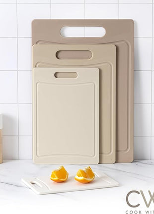 COOK WITH COLOR Non-Slip Cutting Board Set – Kitchen Essentials with Easy Grip Handle for Meat, Veggies, and Fruits, 4 Cutting Boards, Brown