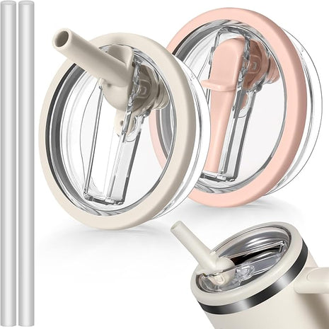 2 Pack Leakproof Lid Replacement 40 oz for Stanley Cup Accessories, Flip Straw Tumbler Leak Proof Lids for Stanley Quencher H2.0, Dust-Proof Straw Cover for stanley cups (Beige,Light Nectarine)