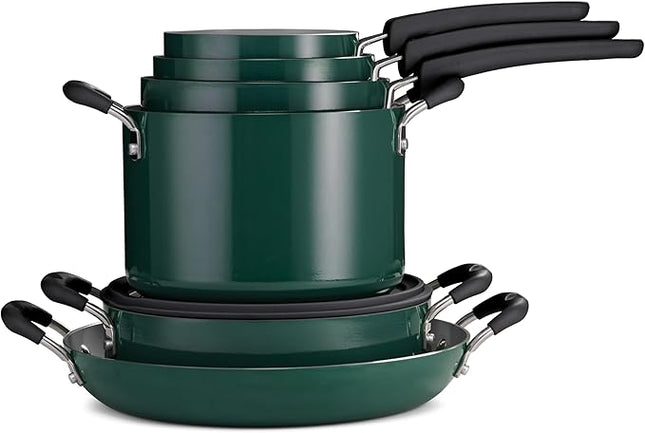 Tramontina Ceramic Non Stick 11-Piece Nesting Pots and Pans Set with Lids - Stackable Nonstick Cookware Set, Dishwasher and Oven Safe, Teal