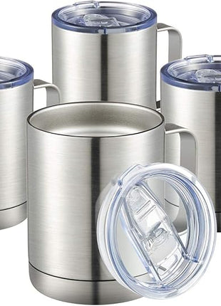 MEWAY 12oz Coffee Mug With Handle 4 Pack Bulk,Stainless Steel Insulated Travel Tumblers With Sliding Lid,Double Wall Vacuum Camping Cup for Hot & Cold Drinks Tea (Sliver,Set of 4)