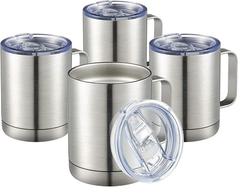 MEWAY 12oz Coffee Mug With Handle 4 Pack Bulk,Stainless Steel Insulated Travel Tumblers With Sliding Lid,Double Wall Vacuum Camping Cup for Hot & Cold Drinks Tea (Sliver,Set of 4)