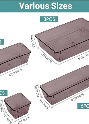 WOWBOX 25 PCS Plastic Drawer Organizer Set, 4 Sizes Desk Drawer Divider Organizers and Storage Bins for Makeup, Jewelry, Gadgets for Kitchen, Bedroom, Bathroom, Office, Clear Brown