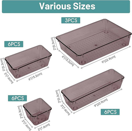 WOWBOX 25 PCS Plastic Drawer Organizer Set, 4 Sizes Desk Drawer Divider Organizers and Storage Bins for Makeup, Jewelry, Gadgets for Kitchen, Bedroom, Bathroom, Office, Clear Brown