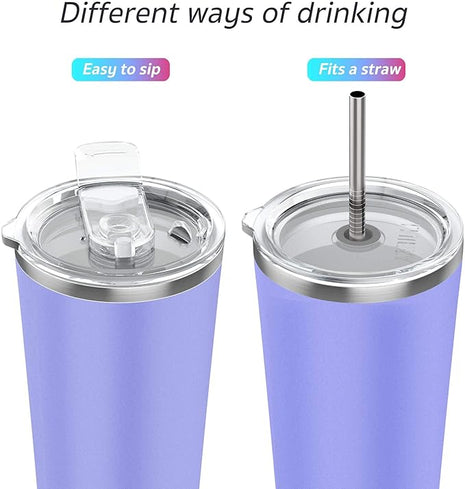 THILY Tumbler Stainless Steel Travel Mug 26 oz Triple-Insulated Coffee Cup with 2 Lids and Straws, Reusable, Powder Coated, Splash-Proof, Keep Ice Drinks Cold, Lavender