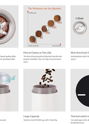 DR MILLS DM-7441W Coffee Grinder Electric, Coffee Bean and Dried Spice Grinder, One Touch Operation, Blade and Cup Made with SUS304 Stainless Steel (White)