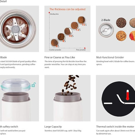 DR MILLS DM-7441W Coffee Grinder Electric, Coffee Bean and Dried Spice Grinder, One Touch Operation, Blade and Cup Made with SUS304 Stainless Steel (White)