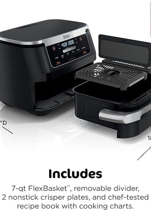 Ninja Foodi 6-in-1 FlexBasket Air Fryer with 7-QT MegaZone & Basket Divider for Large Proteins & Full Meals, Smart Finish Cook 2 Foods 2 Ways, Family Sized Capacity, Air Fry, Roast & More, Black DZ071