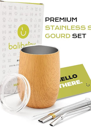 BALIBETOV 5 pcs large Yerba Mate Cup and Bombilla Kit, Includes one 12 oz Yerba Mate Gourd with Lid, Two Bombillas Mate Straw and one cleaning brush | Stainless steel | Double Walled