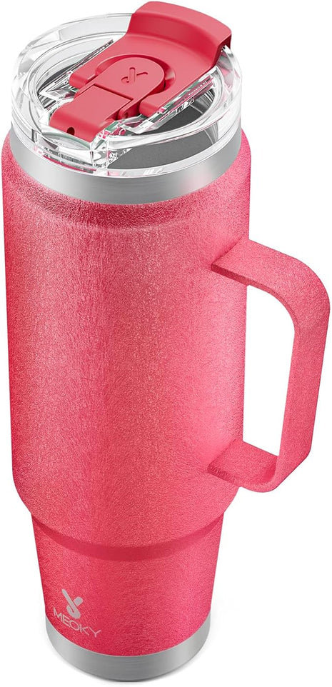 Meoky 40oz Tumbler with Handle, Stainless Steel Travel Mug with 2-in-1 Straw and Sip Lid, Vacuum Insulated Coffee Mug, 100% Leak Proof, Keeps Cold for 34 Hours or Hot for 10 Hours (Ruby)