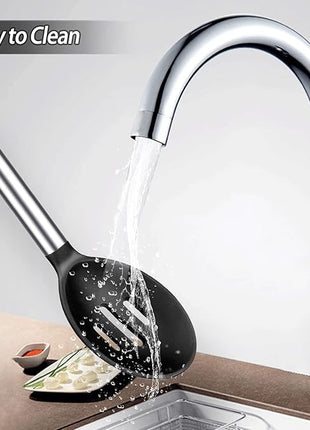 Pack of 2 Large Silicone Cooking Spoons, Non-Stick Stainless Steel Slotted and Solid Spoon Set for Serving, Mixing, Draining, Heat Resistant, Scratch Resistant and BPA Free Kitchen Scoops (Black)