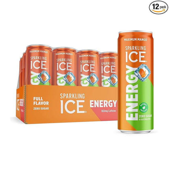 Sparkling Ice Energy Maximum Mango 12Pk. Energy Drinks with Vitamins + Antioxidants, Zero Sugar. 12 fl oz cans.