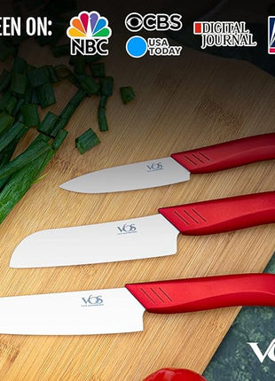 Vos Ceramic Knife Set in Elegant Gift Box, Ceramic Knives Set For Kitchen, Ultra Sharp Kitchen Knife Set with Covers, 4" 5" 6" Paring, Santoku & Chef Knife, Lightweight, Dishwasher safe (Red Handle)