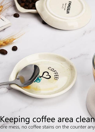 FANGSUN Coffee Spoon Rest, Mini Spoon Holder for Countertop Decor, Farmhouse Ceramic 3.5-Inch Small Teaspoon Rest for Coffee Bar Accessories, White