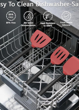 Coukre Silicone Kitchen Cooking Utensils Set with Holder – Heat-Resistant, Food-Grade Kitchen Tools, Spatula, Spoon & Gadgets for Non-Stick Pans, Dishwasher Safe (14, Red)