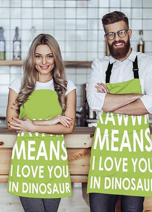 EKOBLA Rawwr Means I Love You In Dinosaur Aprons Funny Cute Phrase Green White Waterproof Resistant Chef Cooking Kitchen BBQ Adjustable Aprons for Women Men 27x31 Inch