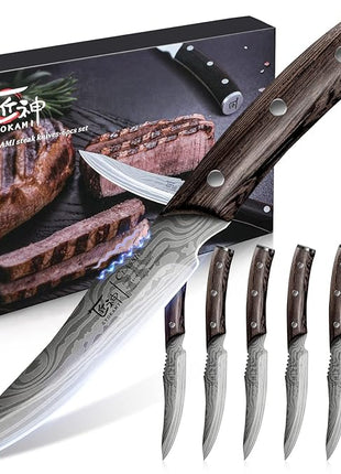 Steak Knives Set of 6, 4.8 Inch Carbon Steel Japanese Style Non-Serrated Meat Knife with Damascus Pattern, Ergonomic Full-Tang Non-Slip Wooden Handle, Thanksgiving Christmas Cooking Gifts