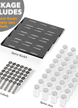 SpaceAid Spice Drawer Organizer with 36 Spice Jars, 386 Spice Labels, 4 Tier Seasoning Rack Tray Insert for Kitchen Drawers, 16.75" Wide x 17.5" Deep