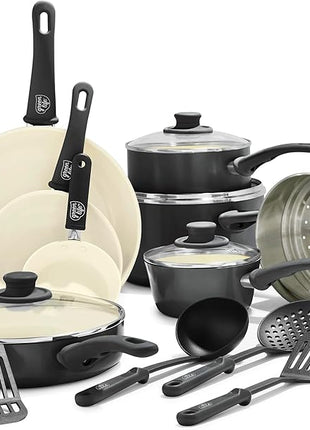 GreenLife 16 Piece Nonstick Cookware Set, Soft Grip Non-Toxic PFAS-Free Ceramic Pots & Pans, Dishwasher & Oven Safe, Frying, Sauce, Utensils, Glass Lids, Stay-Cool Handles, Wobble Free, Black & Cream
