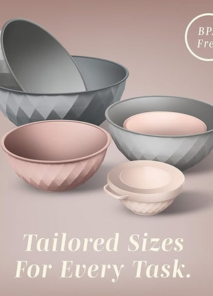 COOK WITH COLOR Mixing Bowls with Lids - 12 Piece Plastic Nesting Bowls Set includes 6 Prep Bowls and 6 Lids, Diamond Design - Microwave Safe, Pink and Grey