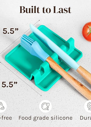 Aqua Green Silicone Spoon Rest for Stove Top with Drip Pad (Two Pack) - Heat-Resistant, BPA-Free Utensil Rest & Spoon Holder for Kitchen Counter - Grill Utensil Holder for Spatulas, Tongs, Ladles