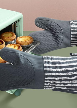 Silicone Oven Mitts Heat Resistant 932℉ with Waterproof & Non-Slip Kitchen Mittens, Set of 2 Extra Long Oven Gloves with Soft Cotton Terry Lining for Baking Cooking Barbecue