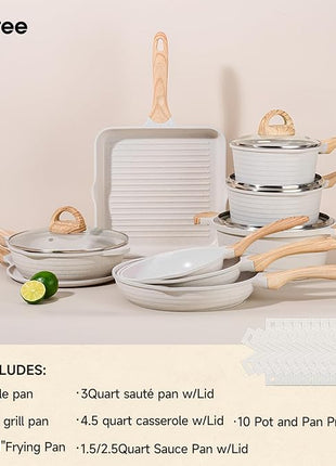 JEETEE 23pcs Pots and Pans Set Non Stick, White Cookware Sets for Kitchen, w/Frying Pans, Saucepans, Sauté & Griddle & Crepe Pan, Induction Cooking Pots (PFOA/PFAS Free)