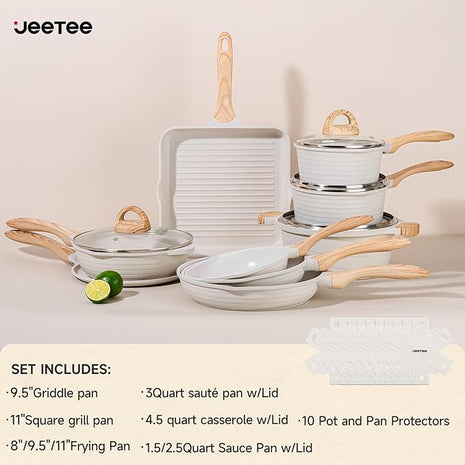 JEETEE 23pcs Pots and Pans Set Non Stick, White Cookware Sets for Kitchen, w/Frying Pans, Saucepans, Sauté & Griddle & Crepe Pan, Induction Cooking Pots (PFOA/PFAS Free)