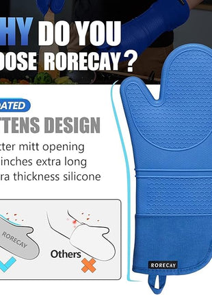 Rorecay 6pcs Oven Mitts and Pot Holders Sets for Kitchen, Extra Long Non-Slip Silicone Oven Gloves Heat Resistant 500 Degrees Potholders Hot Pads for Baking Cooking, Quilted Liner, Lake Blue