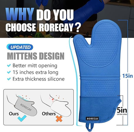 Rorecay 6pcs Oven Mitts and Pot Holders Sets for Kitchen, Extra Long Non-Slip Silicone Oven Gloves Heat Resistant 500 Degrees Potholders Hot Pads for Baking Cooking, Quilted Liner, Lake Blue