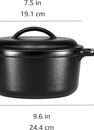 Amazon Basics Round Pre-Seasoned Cast Iron Mini Dutch Oven Pot with Lid and Dual Handles, 2-Quart, Black
