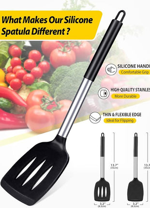 Pack of 2 Silicone Solid Turner, Non Stick Slotted Kitchen Spatulas, High Heat Resistant BPA Free Cooking Utensils, Ideal Cookware for Fish, Eggs, Pancakes(Black)