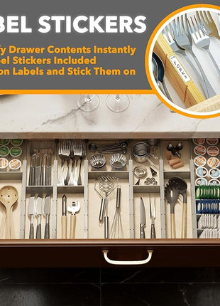 SpaceAid Bamboo Drawer Dividers with Inserts and Labels, Kitchen Adjustable Drawer Organizers, Expandable Organization for Home, Office, Dressers, 10 Dividers with 24 Inserts (17"-22" Gray)