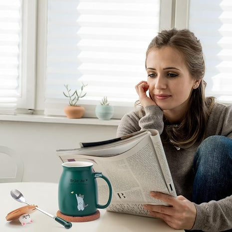 Cute Cat Cup Ceramic Coffee Mug with Kawaii Cat Wooden Lid, Lovely Stainless Steel Spoon, Anime Kitty Thicken Wooden Coaster, Christmas Birthday Cute Thing Japanese Mug 16oz (Green)