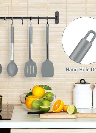 Pack of 4 Large Silicone Cooking Spatulas and Spoons, Slotted and Solid Stainless Steel Cooking Utensils Set, Non-stick Heat Resistant Kitchen for Baking, Fried, Stir-Fry, Mixing, Serving (Grey)