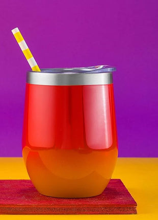 CHILLOUT LIFE 12 oz Stainless Steel Wine Tumbler with Lid - Double Wall Vacuum Insulated Wine Cup Glass Keeping Cold & Hot for Coffee, Champagne, Cocktails, Ice Cream - Red Fire