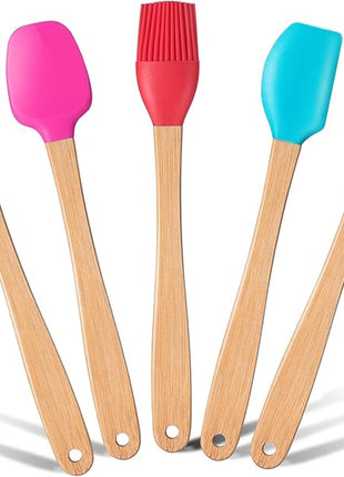 Wood Handled Mini Spatula Mini Silicone Baking Spatulas Set Silicone Brush with Wooden Handles, Spoon, Spatula for Kitchen Cooking Mixing (5)