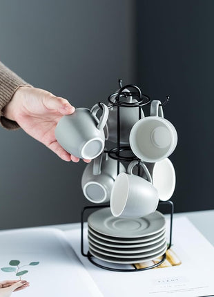 YHOSSEUN Porcelain Espresso Cups Set and Metal Stand 3 OZ Demitasse Cup For Coffee Shot, Mugs for Latte, Cafe Mocha, Cappuccino, and Tea, Serve for 6 Gray