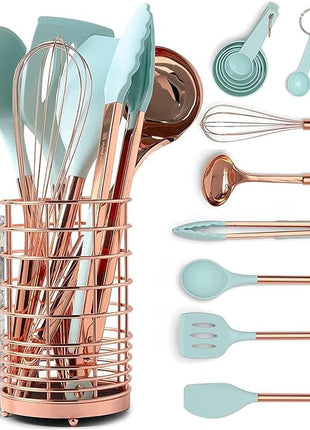 Copper and Teal Blue Kitchen Utensils - 17-Piece Set Includes Copper Utensil Holder, Measuring Cups and Spoons, and Silicone Cooking Tools - Stylish Teal Kitchen Decor and Unique Gifts for Home Cooks