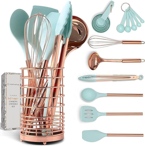 Copper and Teal Blue Kitchen Utensils - 17-Piece Set Includes Copper Utensil Holder, Measuring Cups and Spoons, and Silicone Cooking Tools - Stylish Teal Kitchen Decor and Unique Gifts for Home Cooks