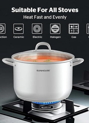 SUNHOUSE 13-Quart Stainless Steel Stockpot w/Tempered Glass Lid - Heavy-Duty, Food-Grade Cookware for Simmering, Boiling, and Induction Cooking - Exceptional Heat Distribution