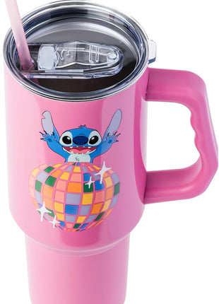 Silver Buffalo Disney Lilo and Stitch Life is a Party Disco Ball Stainless Steel Tumbler with Handle and Straw, Fits in Standard Cup Holder, 40 Ounces