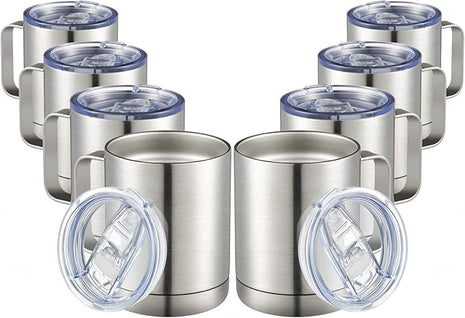 MEWAY 12oz Coffee Mug With Handle 8 Pack Bulk,Stainless Steel Insulated Travel Tumblers With Sliding Lid,Double Wall Vacuum Camping Cup for Hot & Cold Drinks Tea (Sliver,Set of 8)