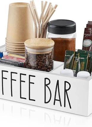 ALELION ALEION White Coffee Station Organizer - Wood Countertop Accessories Organizer with Removable Dividers for Pods Condiment Syrup Tea Cups Stirrers