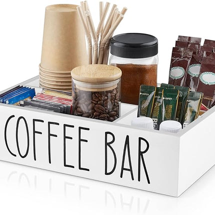 ALELION ALEION White Coffee Station Organizer - Wood Countertop Accessories Organizer with Removable Dividers for Pods Condiment Syrup Tea Cups Stirrers